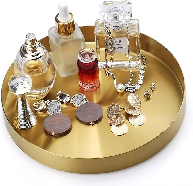 FREELOVE Round Gold Serving Platter, Metal Decorative Tray for Perfume Jewelry Comestic Coffee Ch... | Amazon (US)