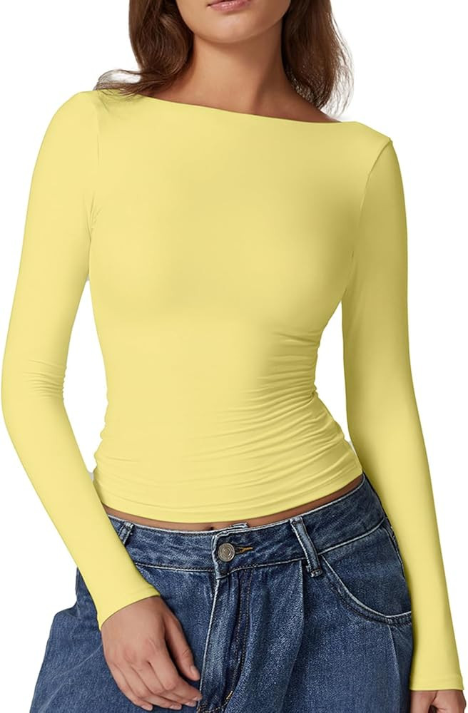 QINSEN Women's Sexy Open Back Long Sleeve Shirts High Neck Double Lined Tees Fitted Going Out Top... | Amazon (US)