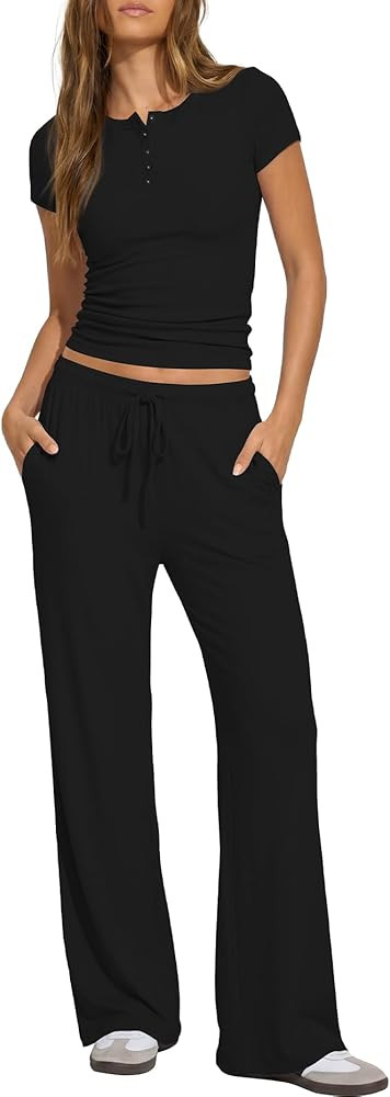 Darong Womens 2 Piece Matching Lounge Sets Summer Short Sleeve Henley Shirts Wide Leg Pants Airpo... | Amazon (US)