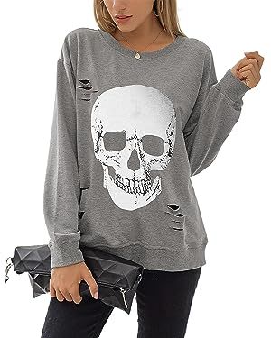 Blooming Jelly Women's Crewneck Sweatshirt Skull Graphic T Shirts Long Sleeve Top Pullover Oversi... | Amazon (US)