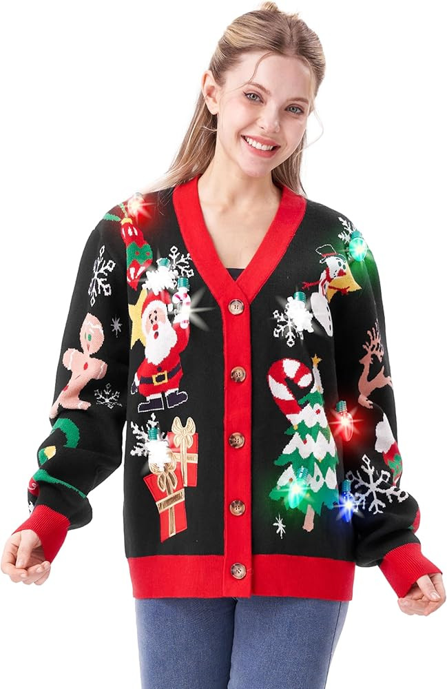 Giggling Getup Women Ugly Christmas Cardigan Sweaters, Funny Light Up V-Neck Ugly Christmas Sweat... | Amazon (US)