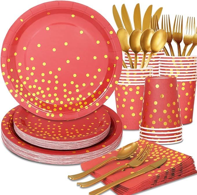 Gudvilla 168PCS Red and Gold Party Decorations Red Plates and Napkins Party Supplies Serve 24 Gue... | Amazon (US)