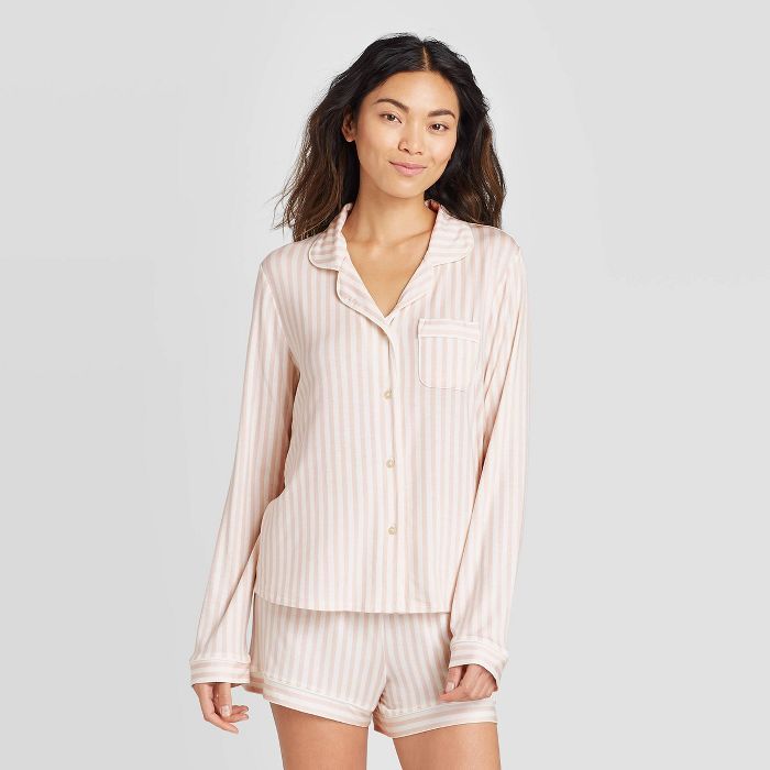Women's Striped Beautifully Soft Long Sleeve Notch Collar and Short Pajama Set - Stars Above™ S... | Target