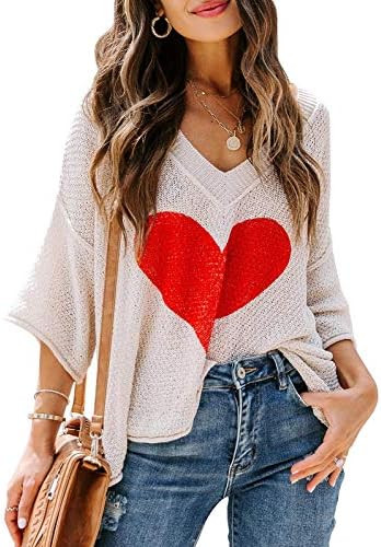 Ermonn Womens V Neck Crochet Sweaters Off The Shoulder 3/4 Sleeve Loose Knit Cute Heart Summer Pu... | Amazon (US)