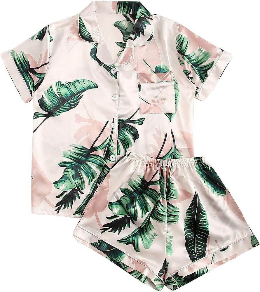 Floerns Women's Notch Collar Palm Leaf Print Sleepwear Two Piece Pajama Set | Amazon (US)
