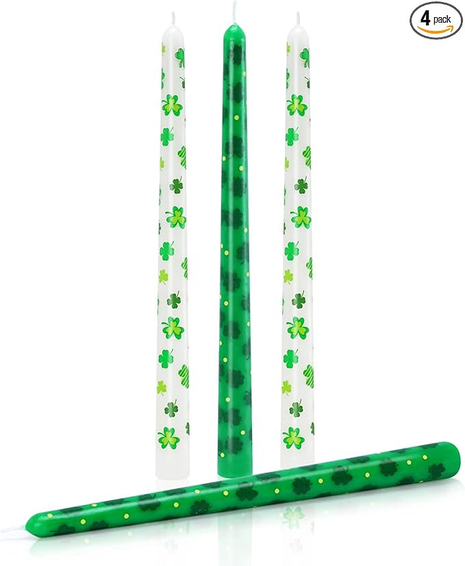 Tuitessine St. Patrick's Day Taper Candles 10 Inch Tall Set of 4 Unscented Irish Shamrock Clovers... | Amazon (US)