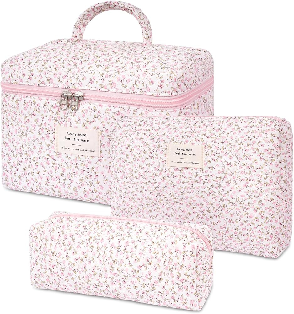 3PCS Quilted Makeup Bag Set, Cosmetic Pouch for Women, Travel Toiletry Bags with Zipper Closure, ... | Amazon (US)