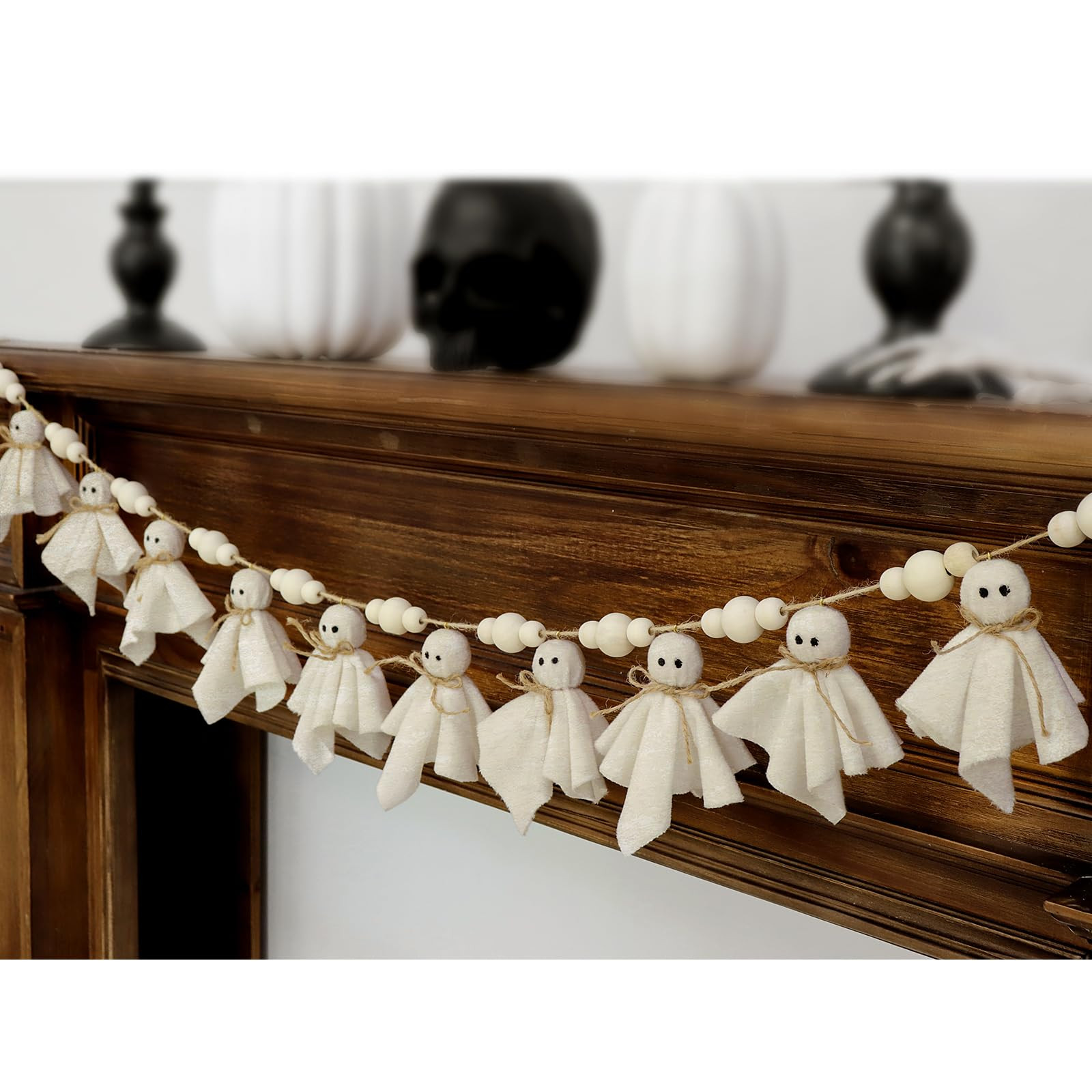 7Ft Cute Halloween Ghost with Wooden Beads Garlands, Handmade Rustic Halloween Banner for Wall Ho... | Amazon (US)