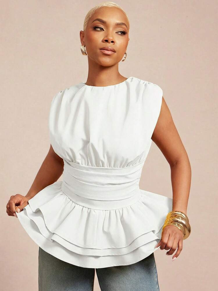 Vixey Solid Woven Round Neck Ruched Sleeveless Layered Peplum Hem Top | SHEIN