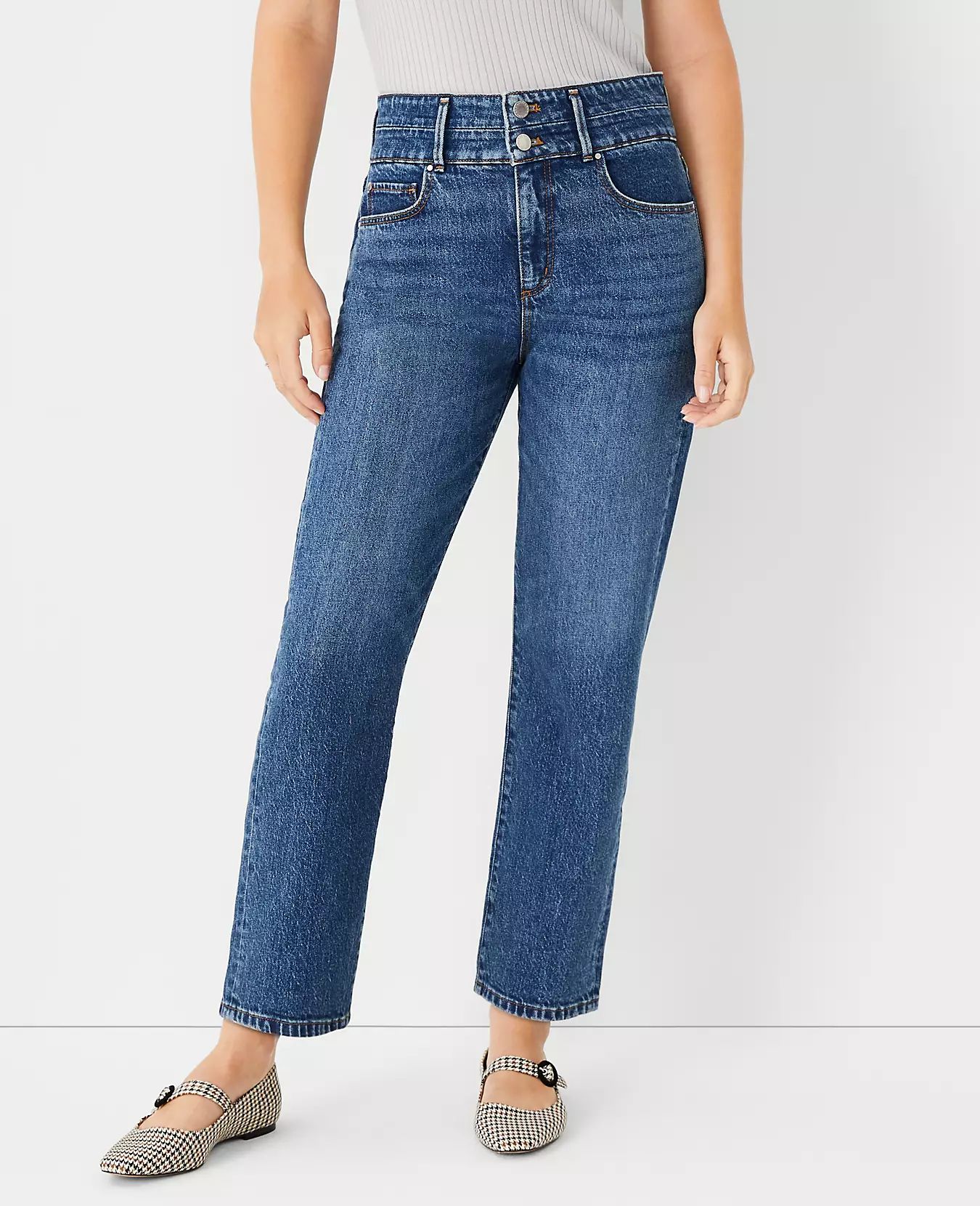 Sculpting Pocket High Rise Straight Jeans in Classic Mid Wash | Ann Taylor (US)