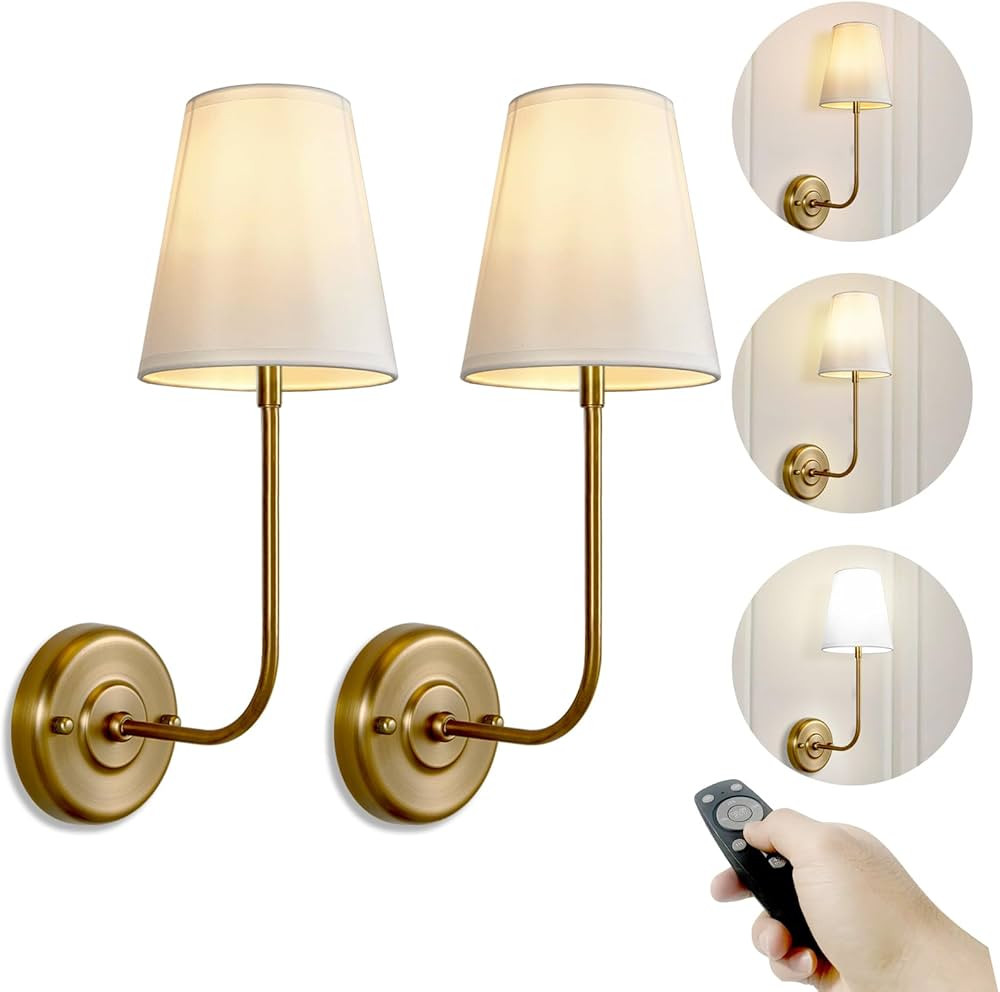 TERLEENART Battery Operated Wall Sconce Set of 2, Battery Rechargeable 3 Colors Dimmable Fabric W... | Amazon (US)