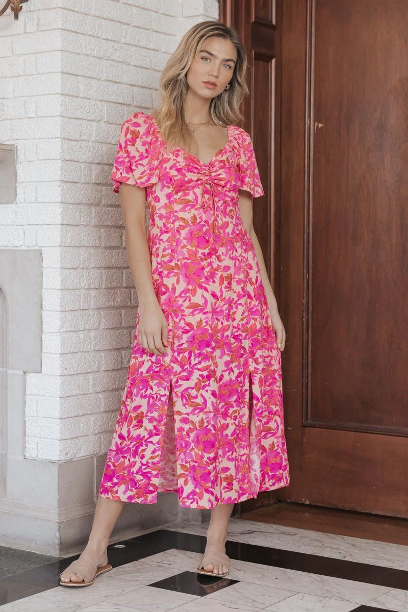 Pink Floral Print Slit Midi Dress | Magnolia Boutique