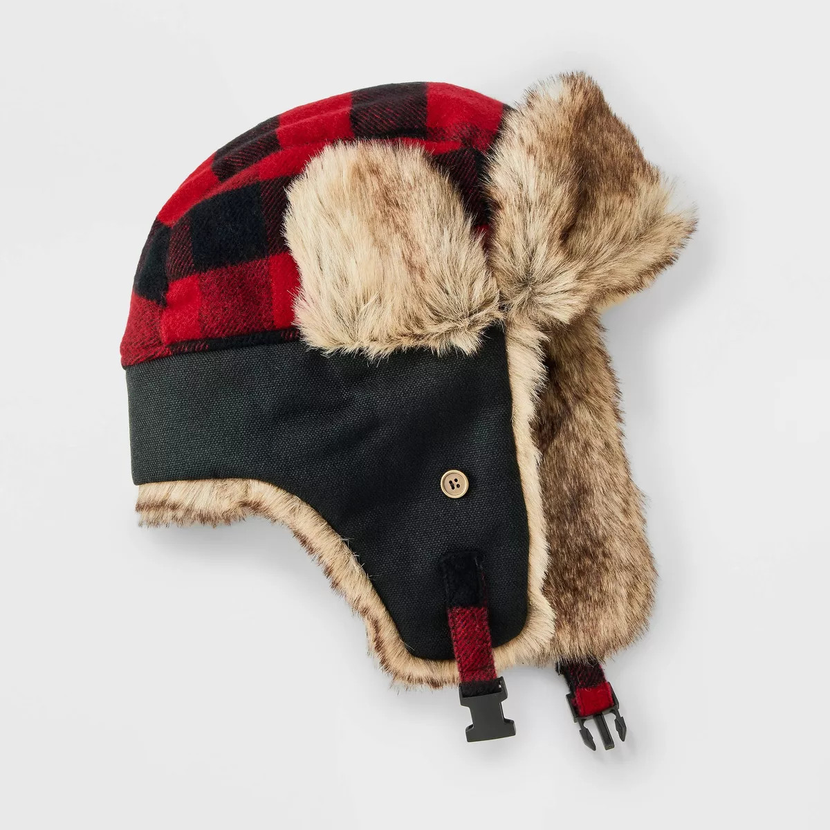 Men's Acrylic Buffalo Plaid Faux Fur Trapper Hat - Goodfellow & Co™ Black/Red | Target