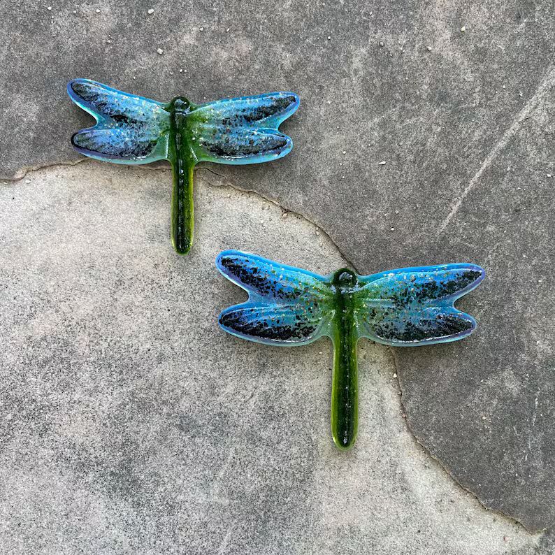 Cabochon Small 3 & Large 3.75 Dragonflies Turquoise Black Av Green Violet Mica Sparkle Fused Glas... | Etsy (US)