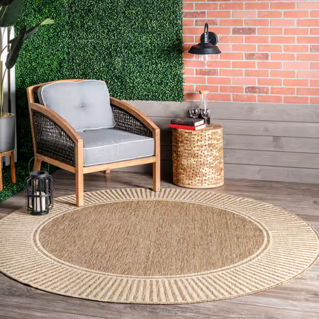 Light Brown Striped Border Indoor/Outdoor Flatweave 6' 7" Round Area Rug | Rugs USA