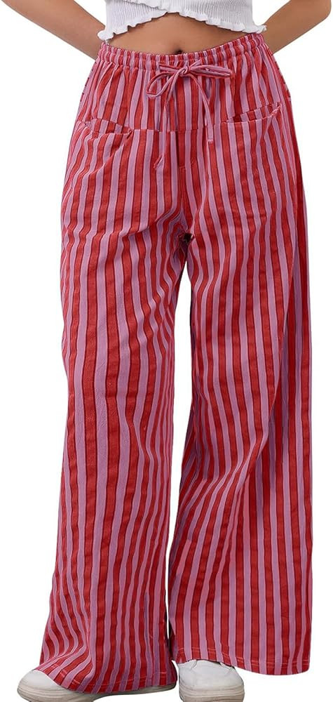 Kissonic Women Striped Pants Casual Drawstring Wide Leg Trousers Loose Lounge Pajama Pants with P... | Amazon (US)