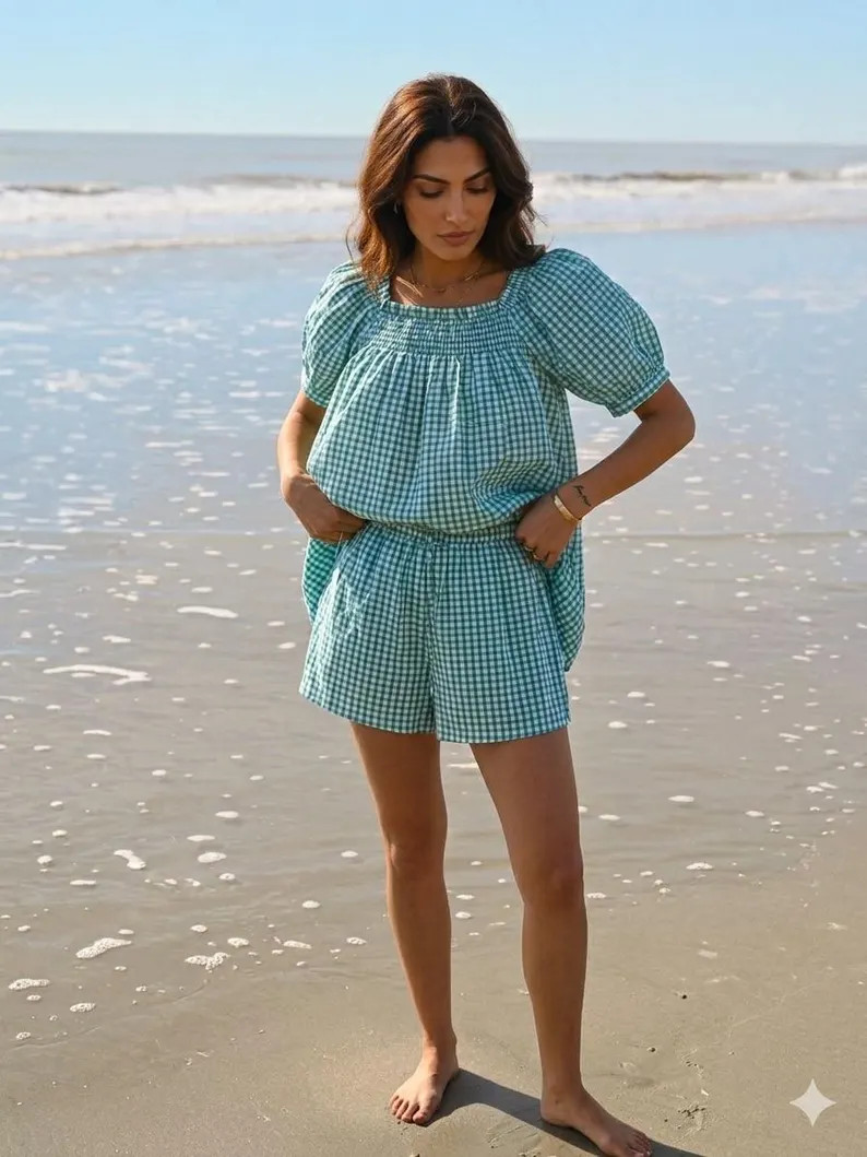 Green Checkered Cotton Top & Short Set \u2013 Indian Hand Block Printed Summer Lounge Wear | Etsy (Global)