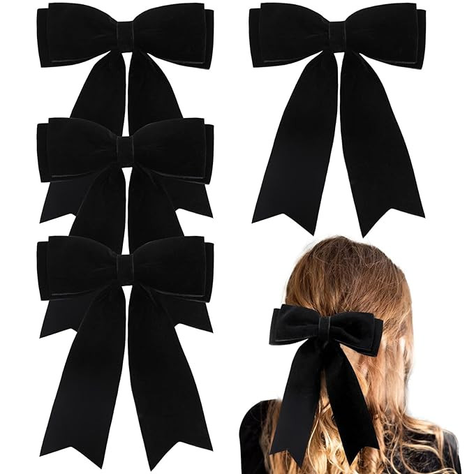 4PCS Velvet Hair Bows for Girls, Black Hair Bow Clips Ponytail long Ribbon Bows Hair Accessories ... | Amazon (US)