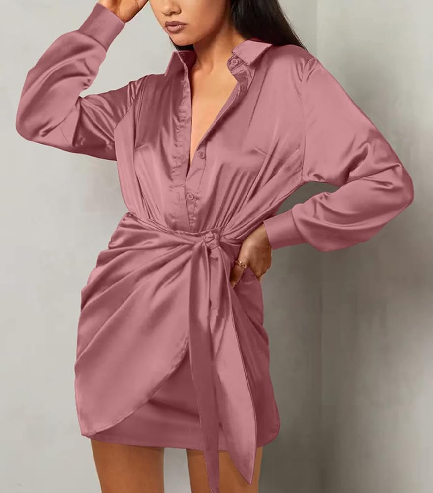 BTFBM Women Button Down Shirts Dresses Satin Long Sleeve Lapel V Neck Elastic Waist Self Tie Knot... | Amazon (US)