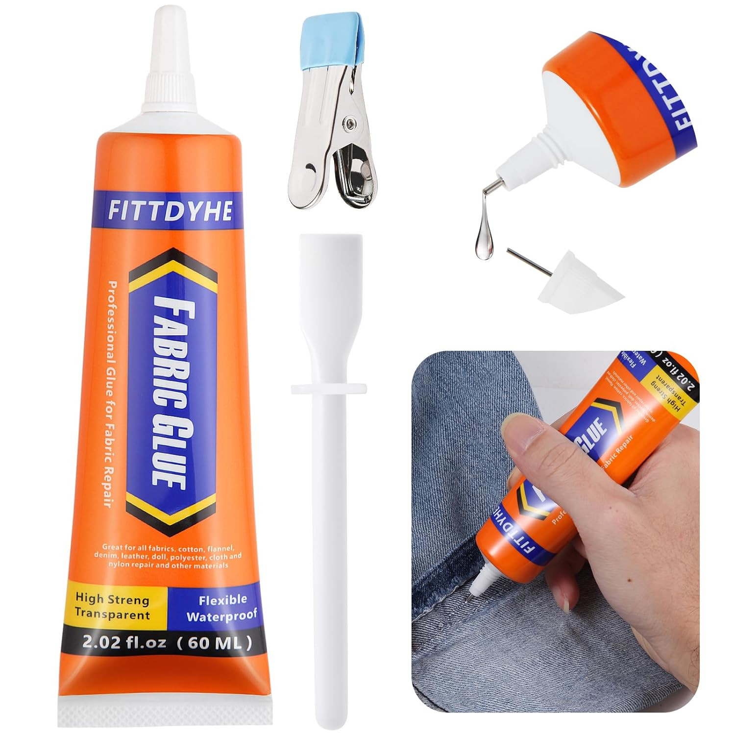 FITTDYHE Fabric Glue Permanent, 60 ML Washable Clear Clothing Glue, Super Fabric Glue for Rhinestones, Patches, Clothes, Denim, Leather, Polyester, Fabrics, Doll Repair, Flannel, Cotton | Amazon (US)