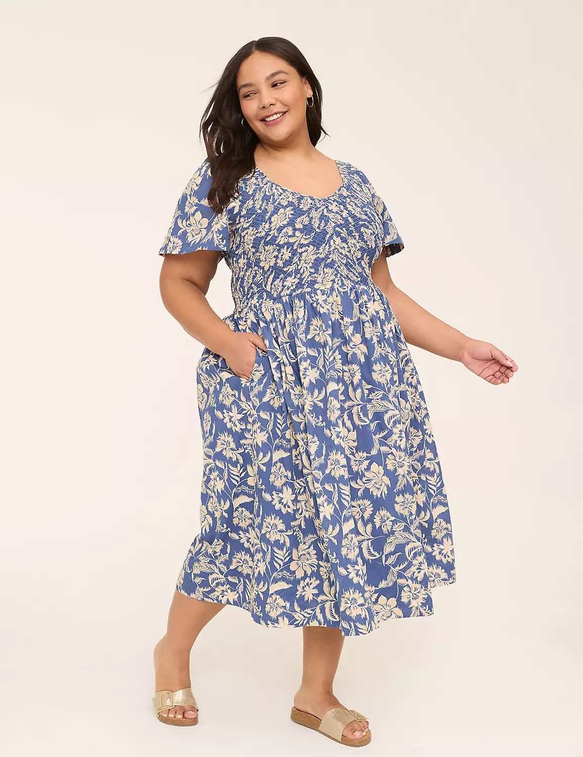 Smocked-Bodice Flutter-Sleeve Midi Dress | Lane Bryant (US)