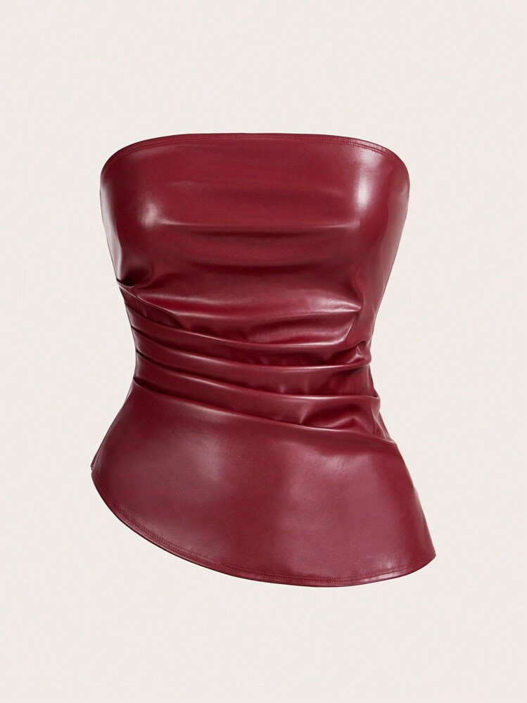SHEIN Essnce Women's Burgundy Red Leather Top Fashionable Ruched Asymmetric Hem Tube Top, Suitable For Going Out And Parties Christmas Top
Details
 | SHEIN