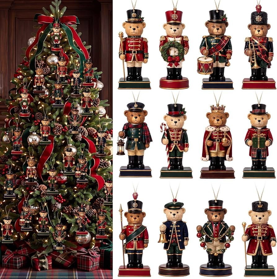 36pcs Christmas Teddy Bear Ornaments Wooden 3.94" Tartan Plaid Decor | Amazon (US)