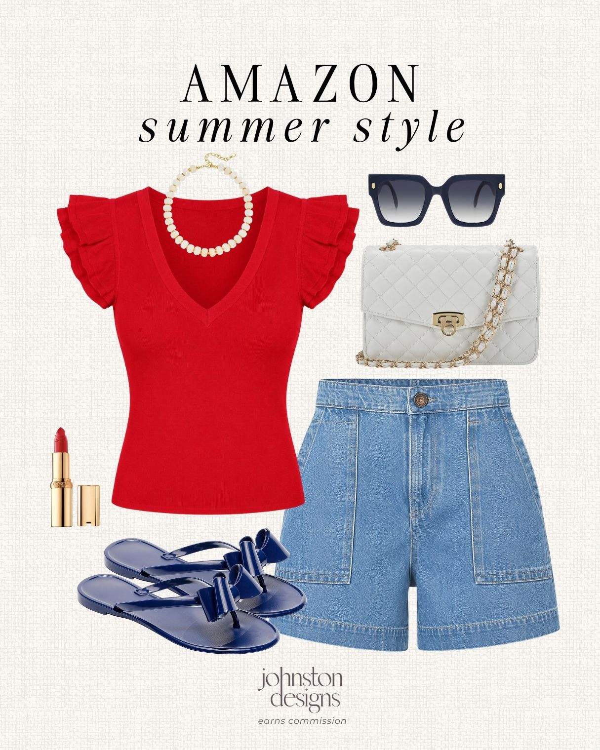 Amazon summer style with a red ruffle top, denim shorts and navy accessories for a classic warm weather look. 🇺🇸

Amazon summer outfit, red ruffle top, denim shorts outfit, navy bow sandals, quilted crossbody bag, pearl necklace, oversized sunglasses, red lipstick, casual summer style, Fourth of July outfit, weekend look, red white blue fashion, affordable Amazon finds, classic summer outfit, warm weather style 

 #LTKootd #LTKSeasonal