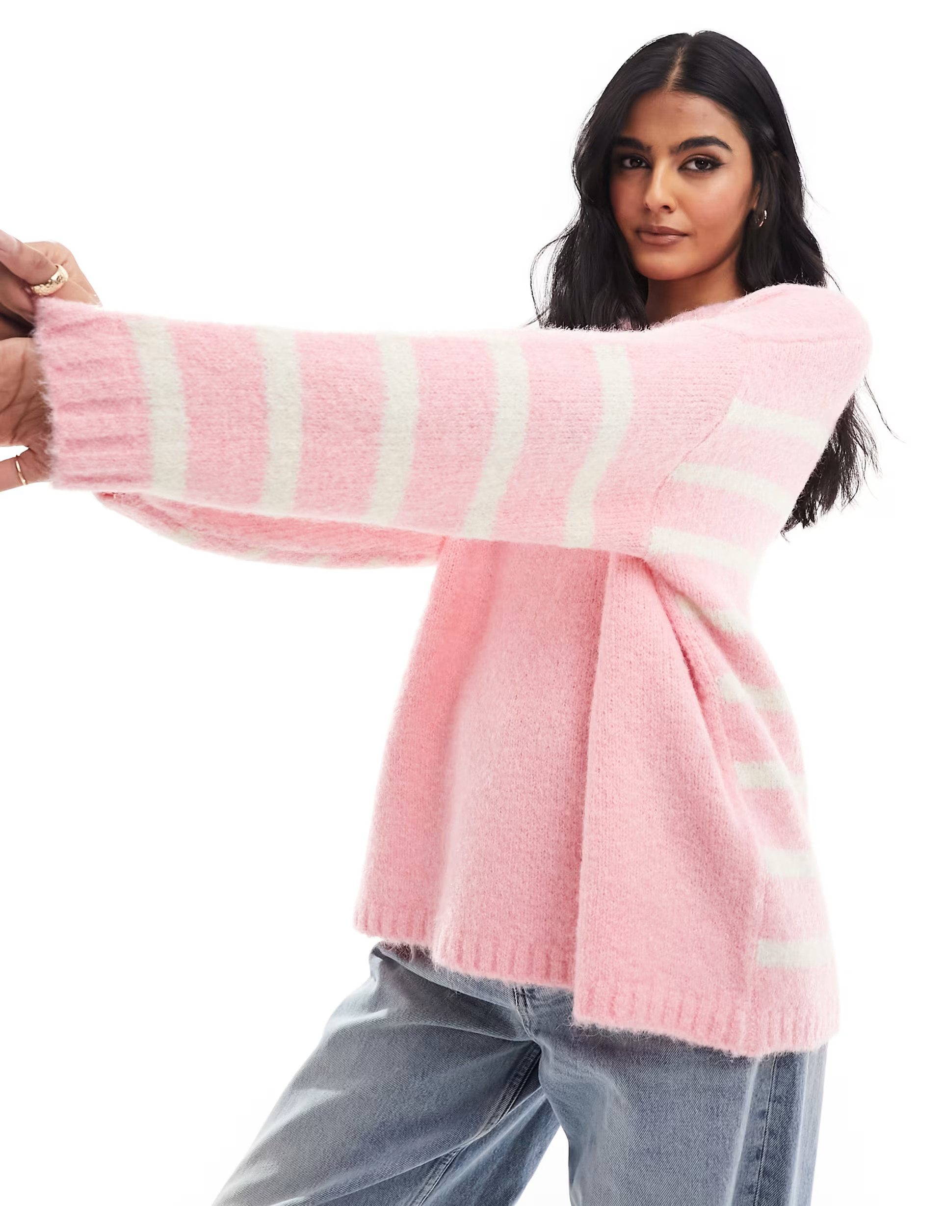 ASOS DESIGN crew neck sweater with stripe back detail in pink | ASOS (Global)