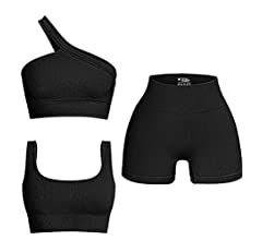 OQQ Women's 3 Piece Outfits Ribbed Seamless Exercise Scoop Neck Sports Bra One Shoulder Tops High... | Amazon (US)