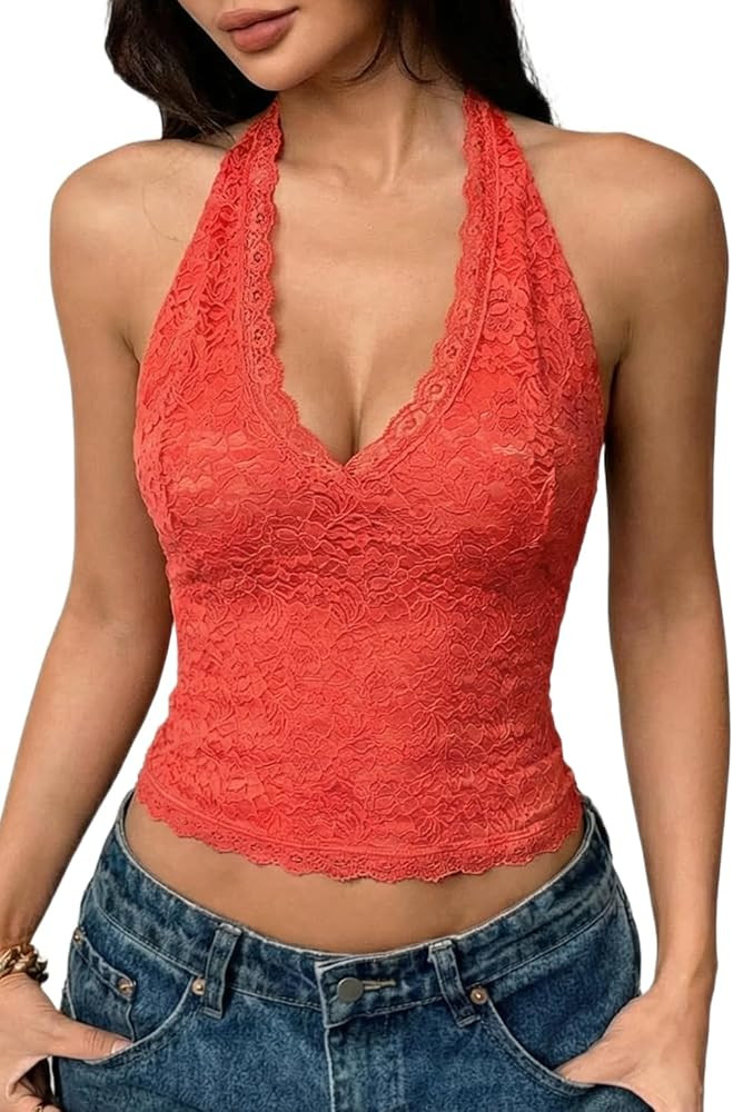 QINSEN Lace Tank Top for Women Sleeveless Backless Double Layer Halter Top Slim fit Trendy Y2K Go... | Amazon (US)