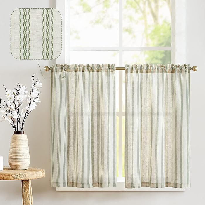 jinchan Striped Linen Kitchen Curtains 24 Inch Cafe Tier Curtains Balanced Stripe Farmhouse Small... | Amazon (US)