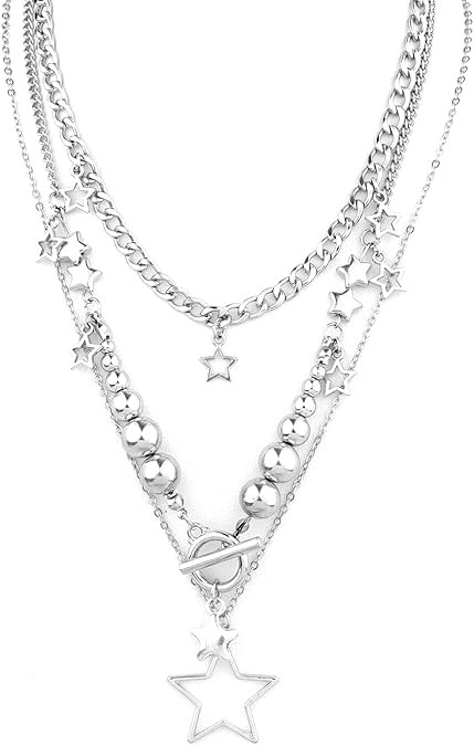 Silver Star Chain Choker Y2K Stackable Chunky Star Pendant Grunge Necklace for Punk Women Fashion... | Amazon (US)
