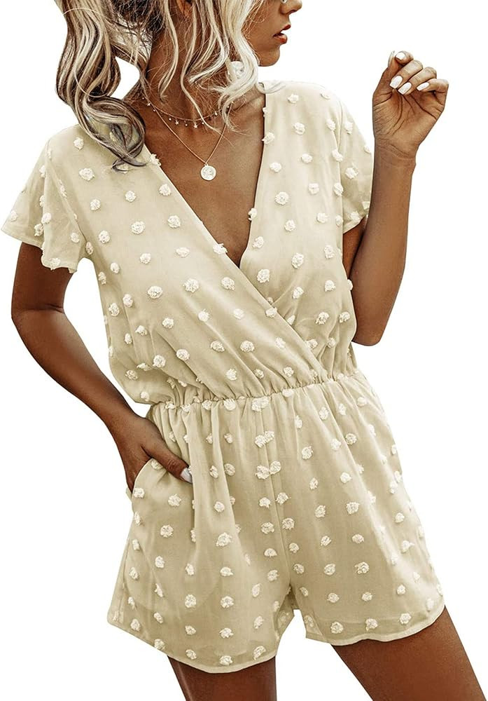 BTFBM Women 2023 Summer Fashion V Neck Wrap Rompers Swiss Dot Pocketed Elastic Waist Short Sleeve... | Amazon (US)