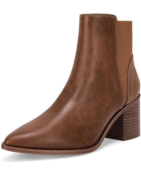 Coutgo Womens Pointed Toe Ankle Boots Elastic Chunky Block Stacked Mid Heel Slip On Chelsea Booti... | Amazon (US)