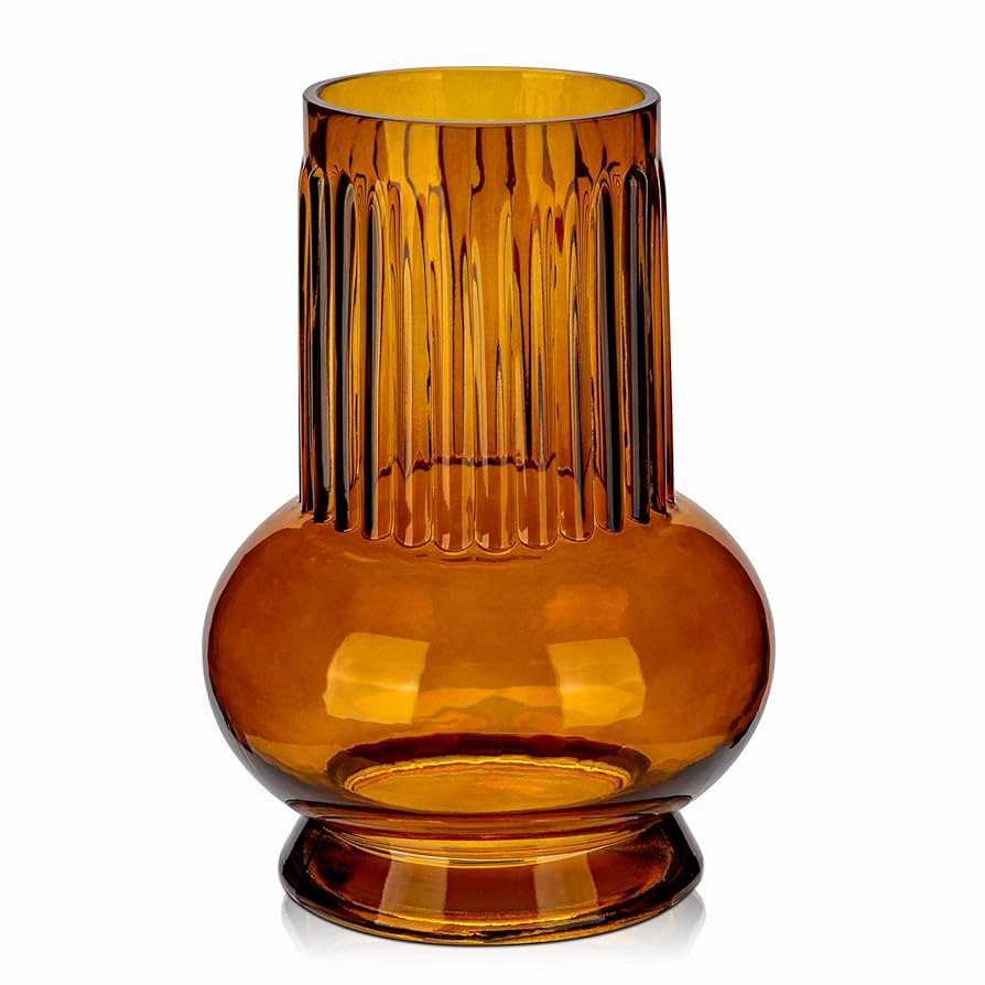 Brown Ribbed Glass Vase, 7" x 3.5" Thickened Modern Flower Fluted Vase Hydroponic Ornament Arrang... | Amazon (US)