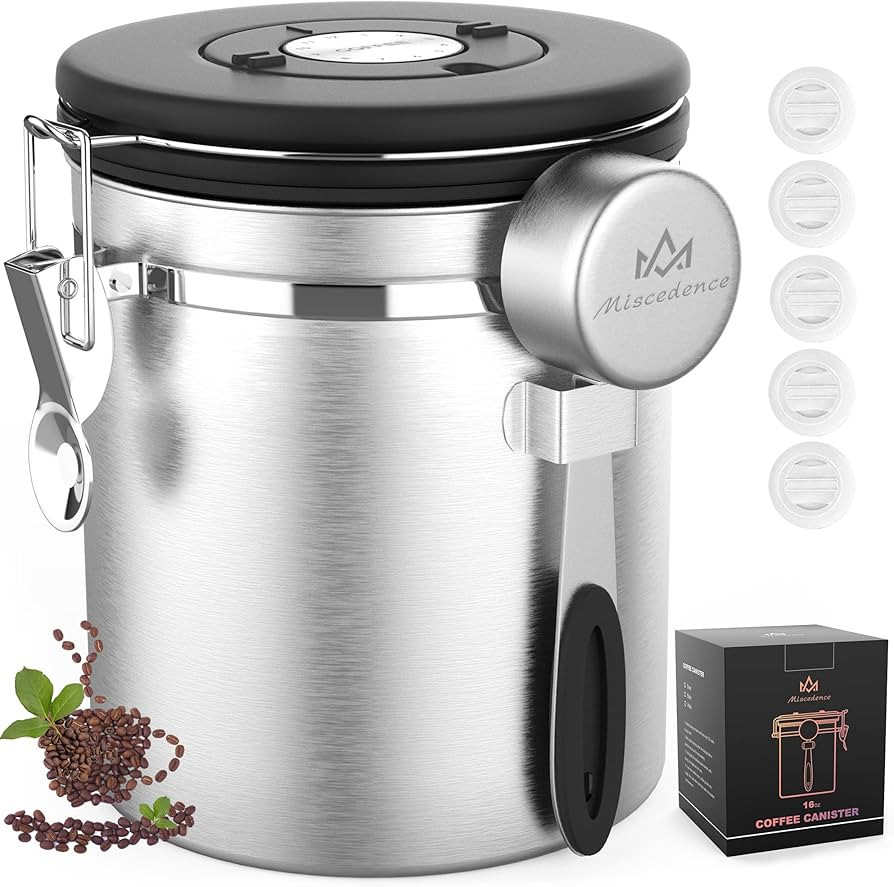 Miscedence Coffee canister for ground coffee with Scoop Date Tracker One Way Co2 Valve 304 Stainl... | Amazon (US)