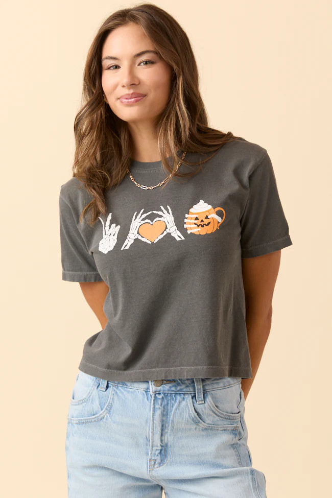 Peace, Love, and Pumpkin Spice Latte Dark Grey Boxy Graphic Tee | Pink Lily