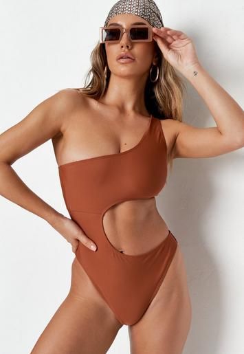 Recycled Chocolate One Shoulder Cut Out Swimsuit | Missguided (UK & IE)