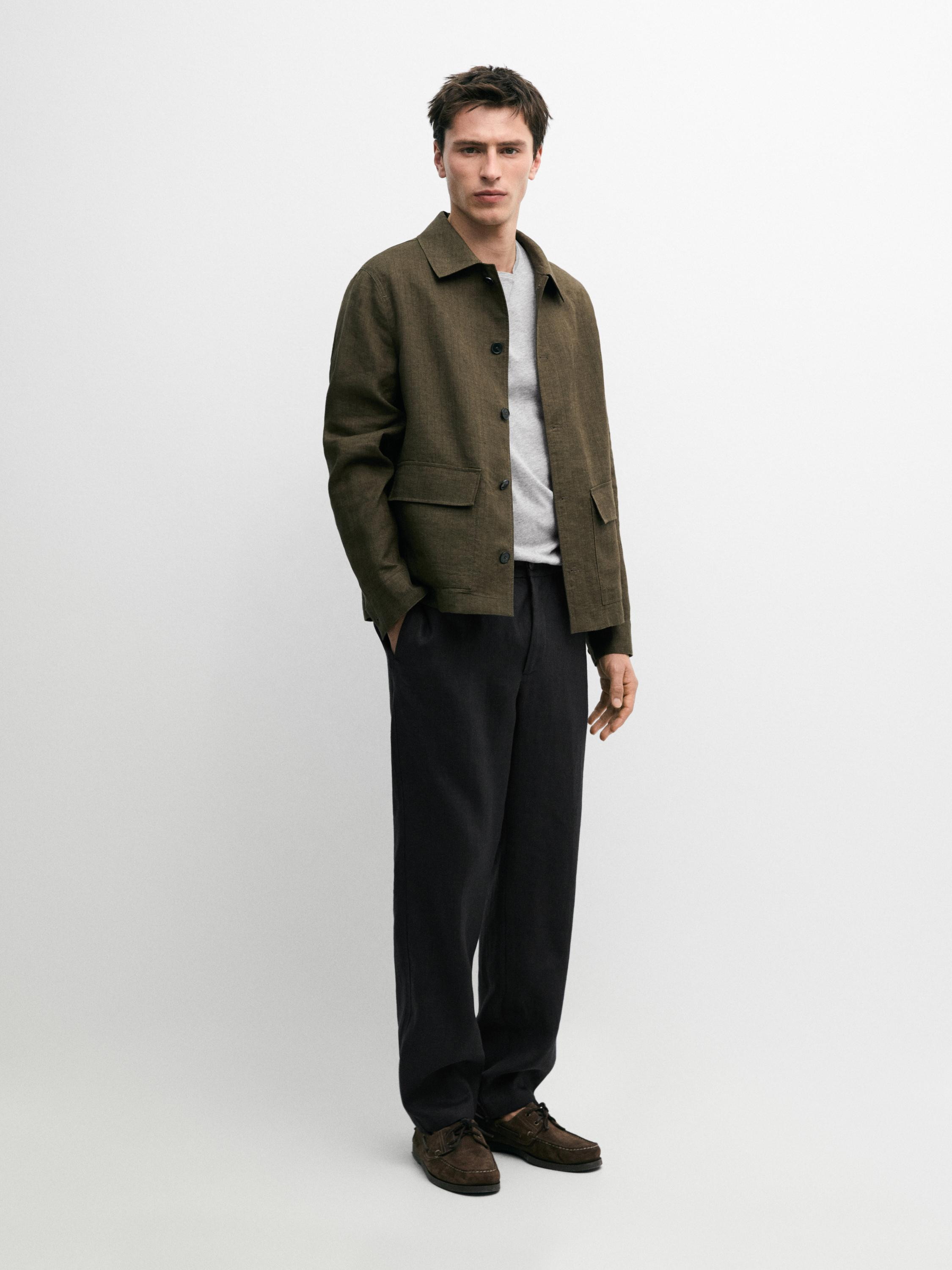 100% linen overshirt with pockets and striped detail | Massimo Dutti UK