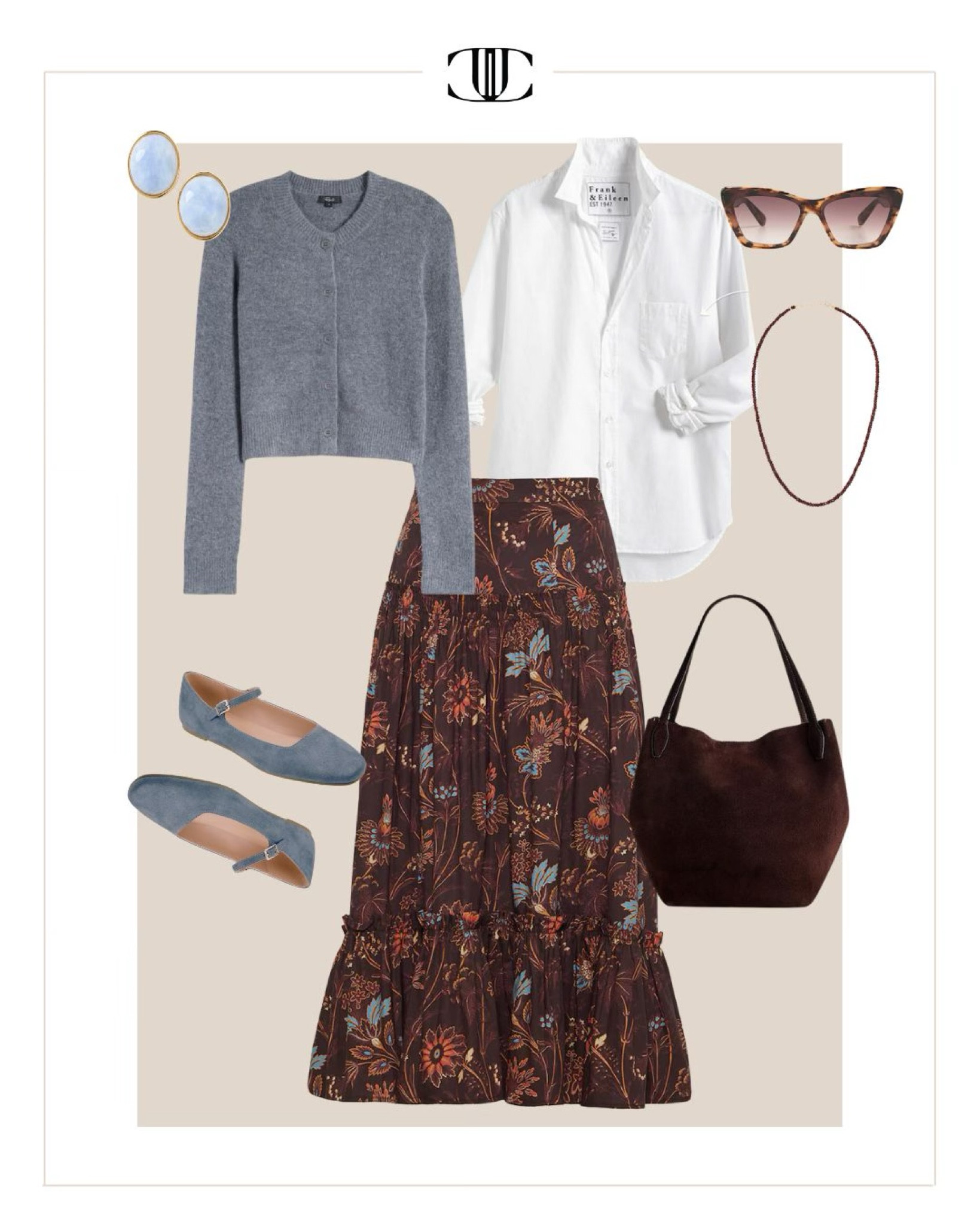 Browns and blues are two colors that always compliment each other  

Fall outfits, fall shoes, fall family photos outfit, Thanksgiving, and holiday outfit, cardigan, blouse, floral skirt, maxi skirt, suede tote bag, sunglasses, beaded necklace, earrings, Mary Jane flat shoes 

#LTKOver40 #LTKStyleTip #LTKShoeCrush