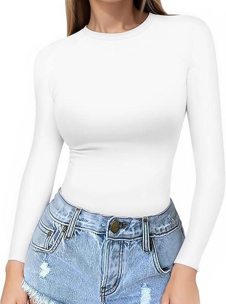 MANGOPOP Crew Neck Long Sleeve T Shirts for Women Fitted Shirts Tight Neck T Shirts Basic Tee Top... | Amazon (US)