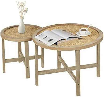 Anmytek Set of 2 Round Nesting Coffee Tables with Natural Rattan, Mid Century Wood End Table Rust... | Amazon (US)