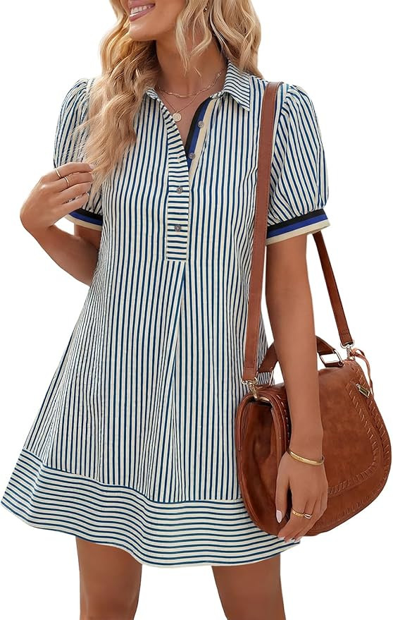Wenrine Womens Summer Striped Mini Dresses Puff Short Sleeve Loose Fit Casual Button Collared Shi... | Amazon (US)