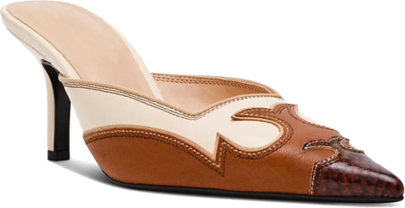 Pointed Toe Mules for Women Suede Slip On Kitten Heels Pumps with Stitching Flame Design Backless... | Amazon (US)