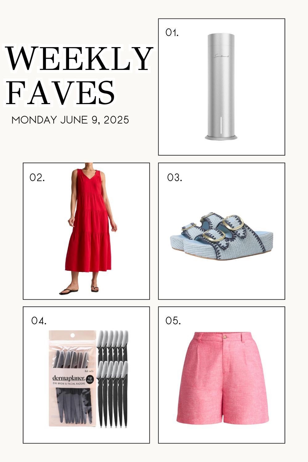 FRAGRANCE DIFFUSER
Every time we stay at a nice hotel, I always notice how nice it smells there. I've always thought the cold air diffusion towers were WAY out of my budget, but then I found this one! We have it in our family room/kitchen/breakfast area and now I want another one in our bedroom! Keeps our house smelling amazing without having to burn or melt anything!

GAUZE DRESS
 This is an old favorite and a new favorite. I love wearing this dress loose and flowy on super hot days, or belt it for a more polished look. I bought it last year in black and this year in red, both in size XS.

DOUBLE BUCKLE SLIDES
I know I've shared these before, but I found some look alikes on Amazon for a lot less! The other benefit is they come in lots of other colors!

FACIAL RAZORS
I've been dermaplaning my face (i.e. shaving it) for almost 25 years. It gets all the peach fuzz off plus has the added bonus of exfoliating dry skin. It's especially important to do before sunless tanning on the face. I've been using these lately and really like them!

LINEN BLEND SHORTS
I love the inseam length on these and the a-line silhouette. They're a slightly dressier everyday shorts option. Lots of color choices too!

#LTKBeauty #LTKSeasonal #LTKStyleTip