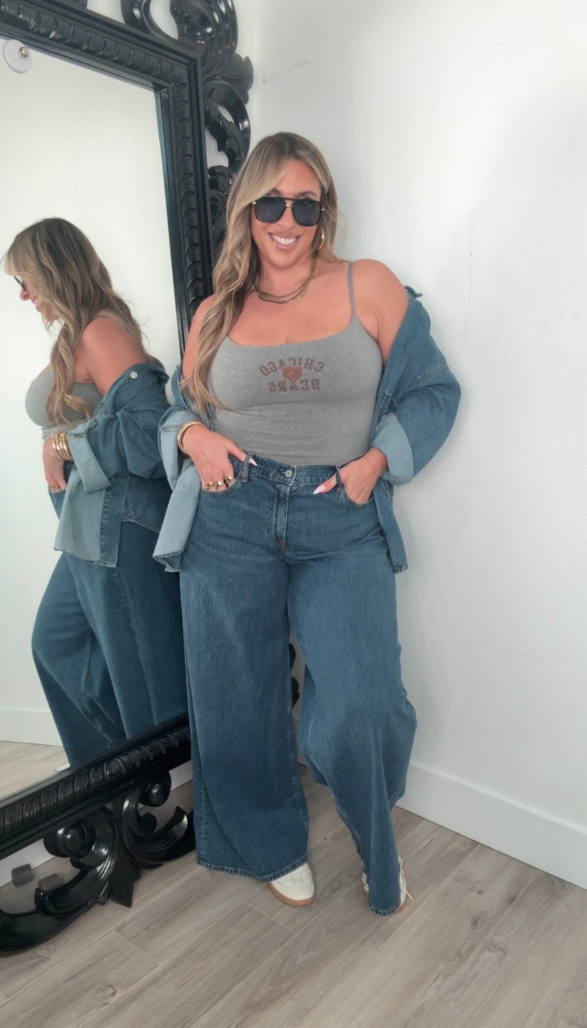 
midsize NFL outfit 

bra free top L ( built-in bra adjustable straps double lined)
ultra wide leg in curve love 31L (12) (no stretch but has give)
denim shirt fits oversized size L 
adidas samba color sold out linked similar tournament

#LTKSaleAlert #LTKMidsize