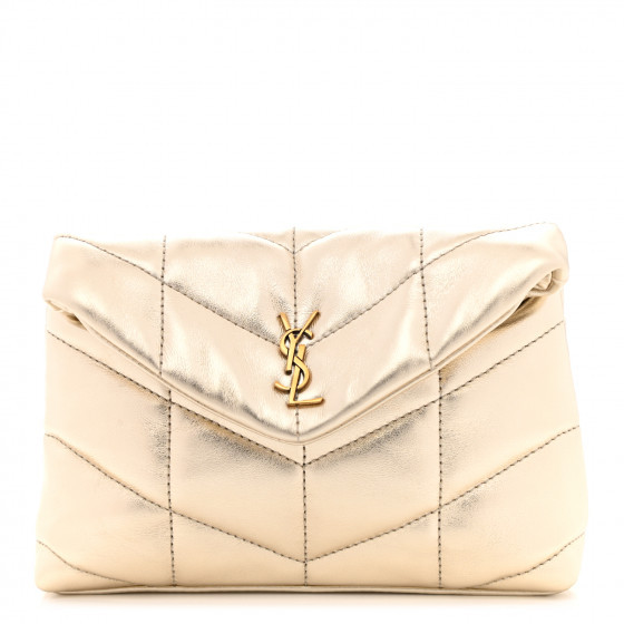 SAINT LAURENT Metallic Lambskin Monogram Loulou Puffer Pouch Clutch Gold | Fashionphile