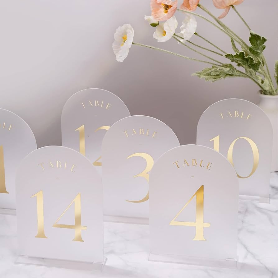 UNIQOOO Frosted Arch Wedding Table Numbers 1-15 w/Stands, Gold Foil Printed 5x7 Acrylic Display S... | Amazon (US)