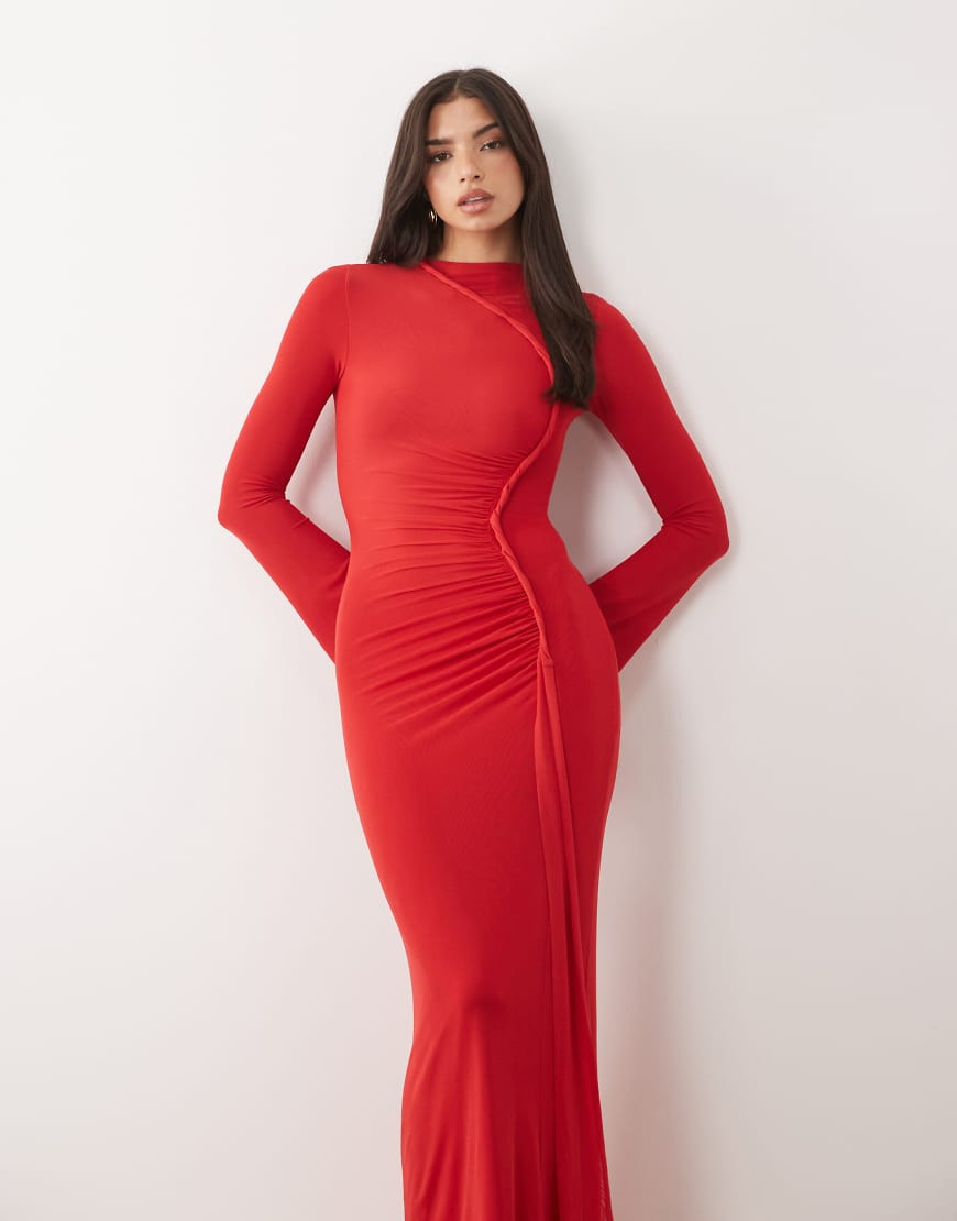 ASOS DESIGN mesh long sleeve maxi dress with twist detail in red - RED | ASOS (Global)